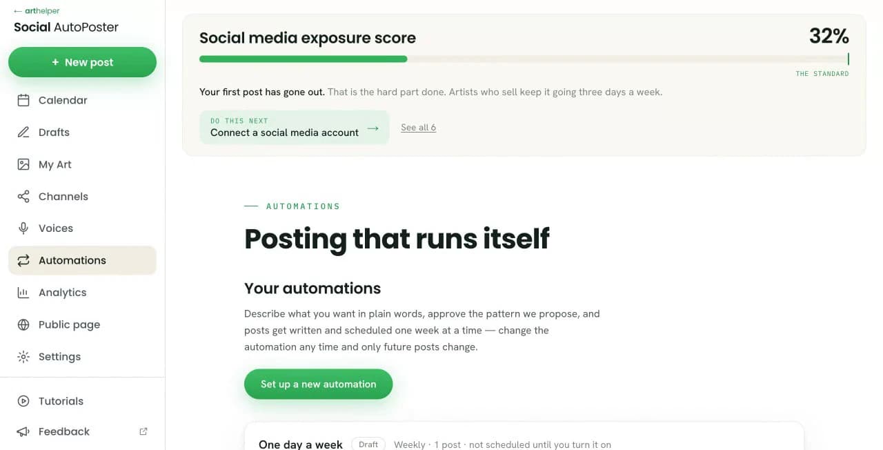 The Automations screen in Social AutoPoster, headed “Posting that runs itself”, with a weekly automation set up