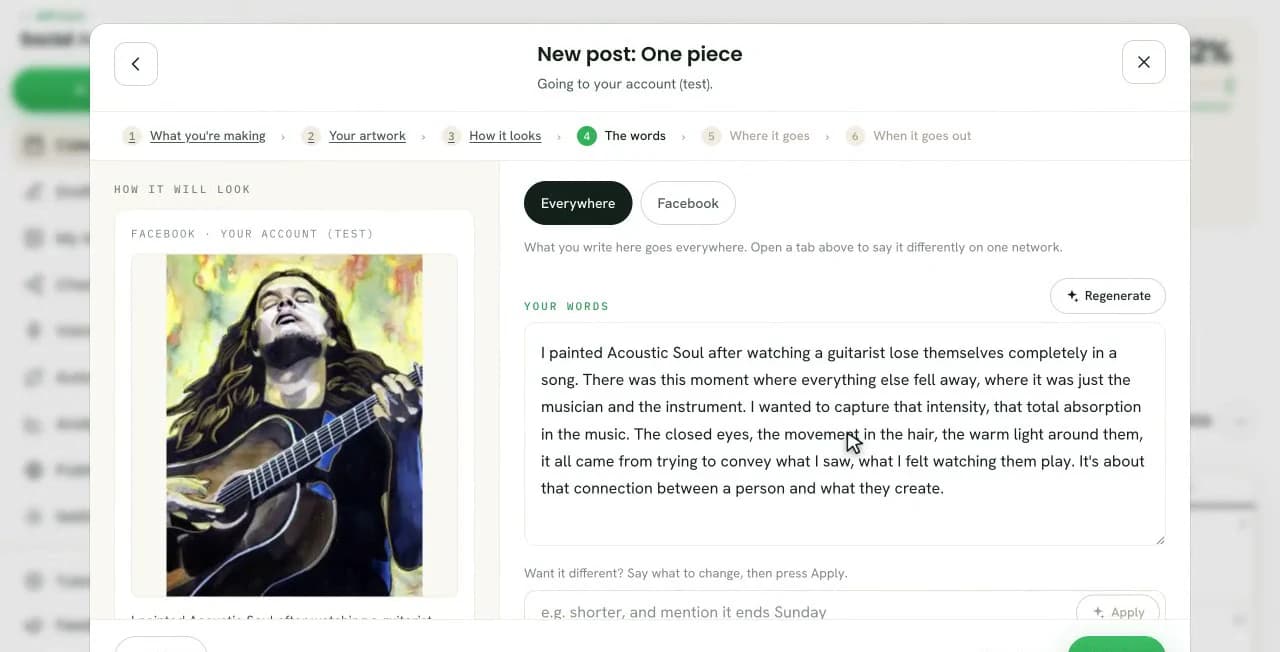 A post being written in Social AutoPoster: the artwork previewed on the left, the caption on the right, and a box to say what to change about it